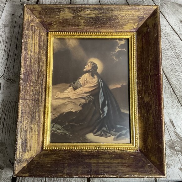 Vintage Framed Print Jesus Praying In The Garden Of Gethsemane Distressed 14x17 - Picture 1 of 6